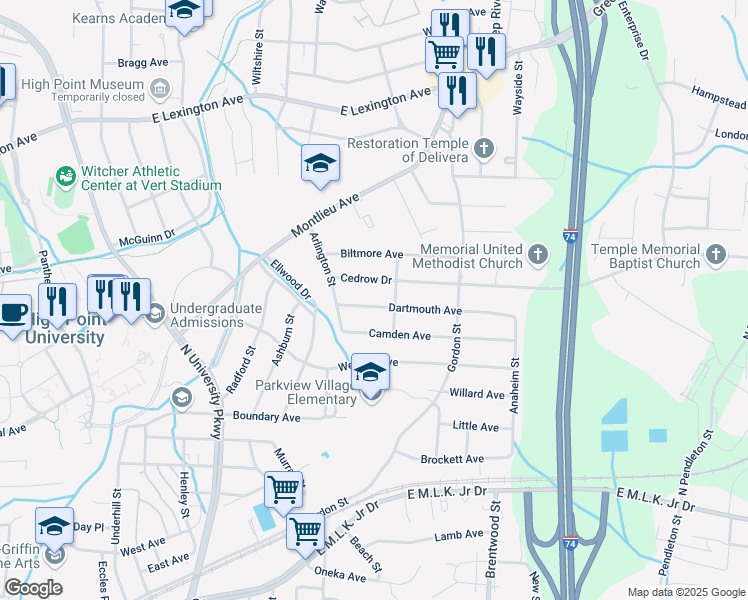 map of restaurants, bars, coffee shops, grocery stores, and more near 1115 Dartmouth Avenue in High Point