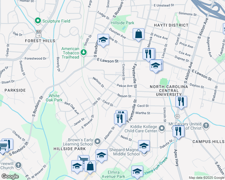 map of restaurants, bars, coffee shops, grocery stores, and more near 207 Nelson Street in Durham