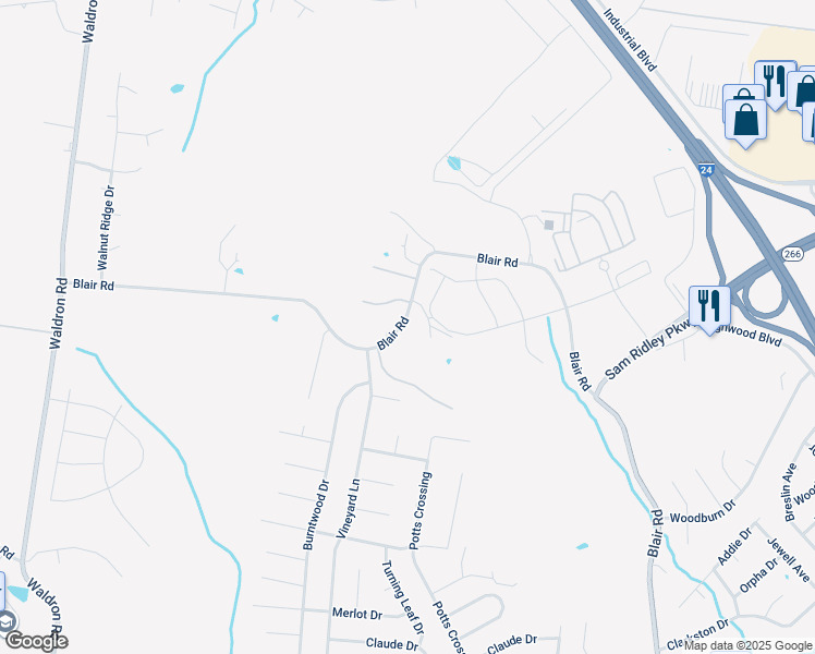 map of restaurants, bars, coffee shops, grocery stores, and more near 272 Blair Road in La Vergne