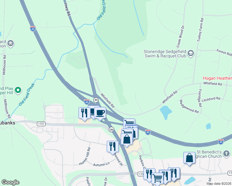 map of restaurants, bars, coffee shops, grocery stores, and more near 7116 Dumfries Lane in Chapel Hill