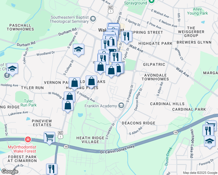 map of restaurants, bars, coffee shops, grocery stores, and more near 513 Brooks Street in Wake Forest