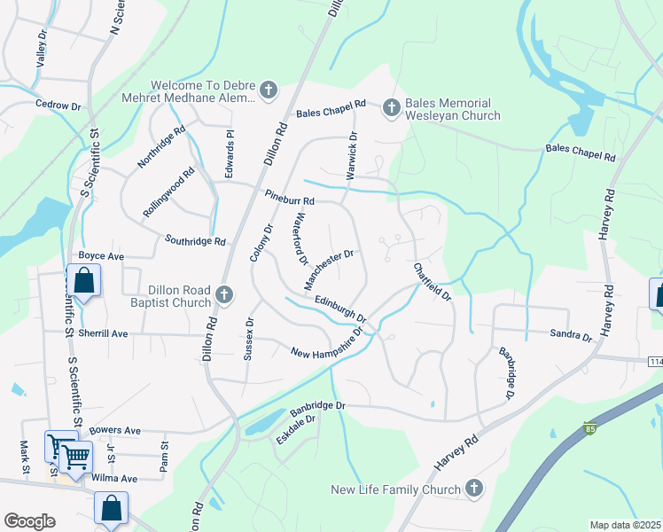 map of restaurants, bars, coffee shops, grocery stores, and more near 3106 Manchester Court in Jamestown