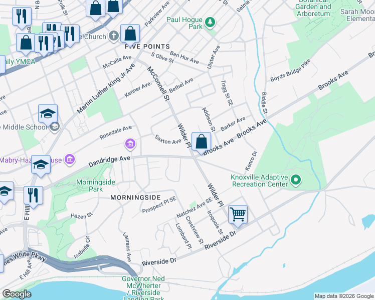 map of restaurants, bars, coffee shops, grocery stores, and more near 1021 Wilder Place in Knoxville