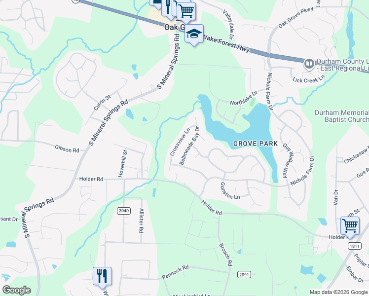 map of restaurants, bars, coffee shops, grocery stores, and more near 706 Bellmeade Bay Drive in Durham