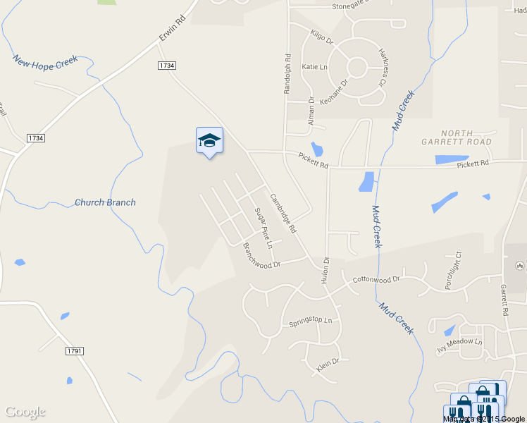 map of restaurants, bars, coffee shops, grocery stores, and more near 4206 Sugar Pine Ln in Durham