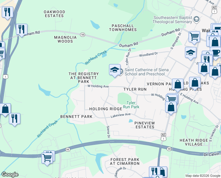 map of restaurants, bars, coffee shops, grocery stores, and more near 539 West Holding Avenue in Wake Forest