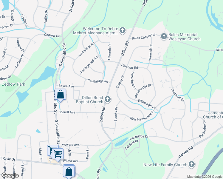 map of restaurants, bars, coffee shops, grocery stores, and more near 3119 Colony Drive in Jamestown