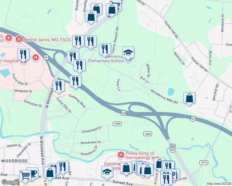 map of restaurants, bars, coffee shops, grocery stores, and more near 145 Irene Court in Rocky Mount