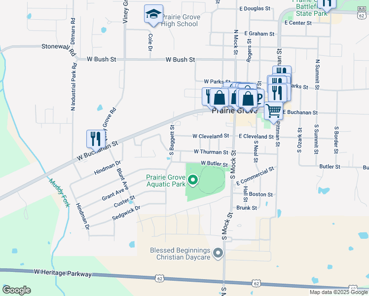 map of restaurants, bars, coffee shops, grocery stores, and more near 400 West Thurman Street in Prairie Grove