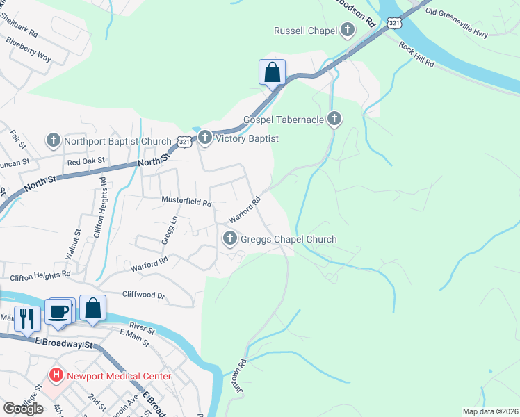 map of restaurants, bars, coffee shops, grocery stores, and more near 310 Jimtown Road in Newport