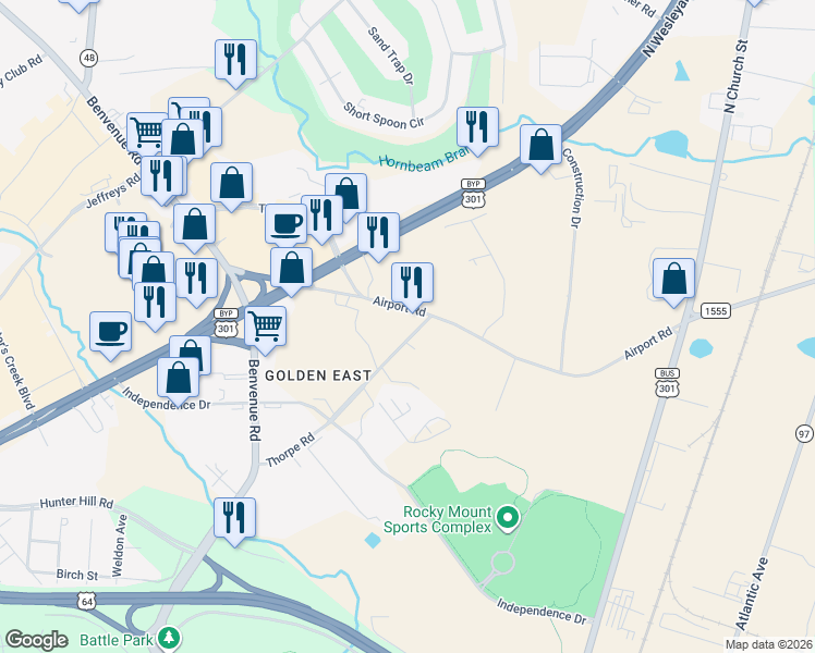 map of restaurants, bars, coffee shops, grocery stores, and more near 1260 Thorpe Road in Rocky Mount