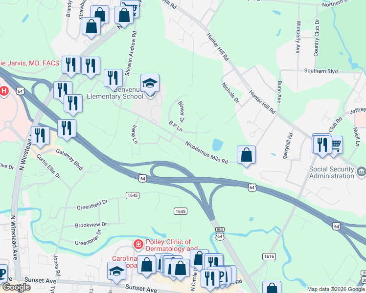 map of restaurants, bars, coffee shops, grocery stores, and more near 2416 Sexton Road in Rocky Mount