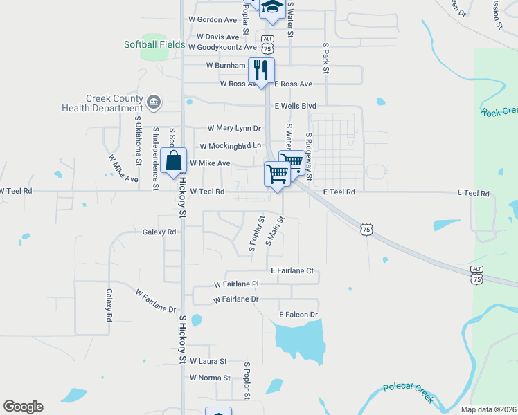 map of restaurants, bars, coffee shops, grocery stores, and more near 107 West Monterey Avenue in Sapulpa