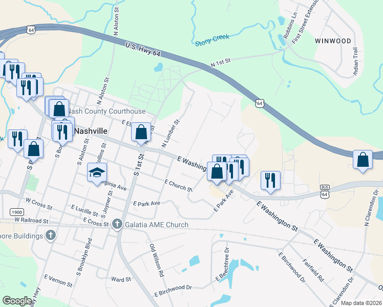 map of restaurants, bars, coffee shops, grocery stores, and more near 622 East Washington Street in Nashville