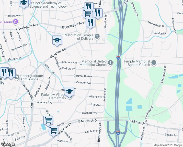 map of restaurants, bars, coffee shops, grocery stores, and more near 1221 Dartmouth Avenue in High Point