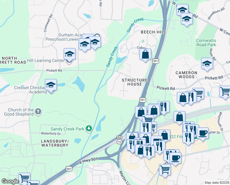 map of restaurants, bars, coffee shops, grocery stores, and more near 3309 Coachman's Way in Durham
