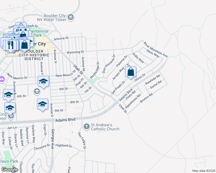 map of restaurants, bars, coffee shops, grocery stores, and more near 667 Paloma Dr in Boulder City