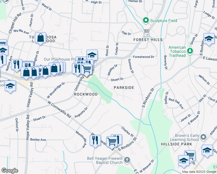 map of restaurants, bars, coffee shops, grocery stores, and more near 2226 Meade Lane in Durham