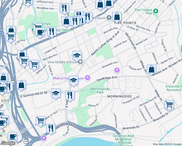 map of restaurants, bars, coffee shops, grocery stores, and more near 1741 Rosedale Avenue in Knoxville
