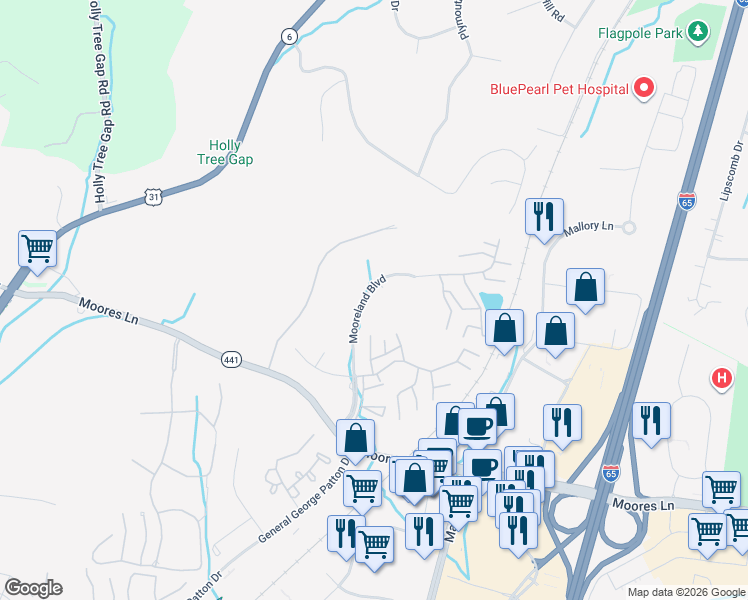 map of restaurants, bars, coffee shops, grocery stores, and more near 1009 Mooreland Boulevard in Brentwood