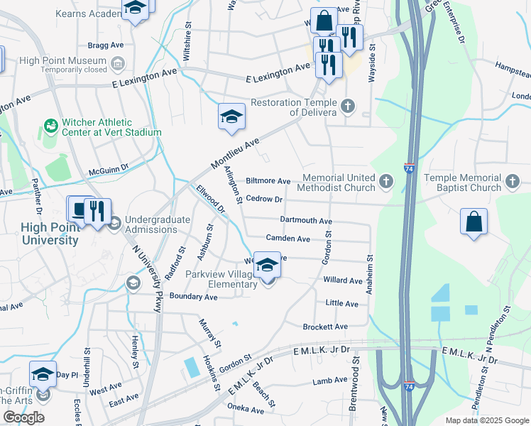 map of restaurants, bars, coffee shops, grocery stores, and more near 1115 Dartmouth Avenue in High Point