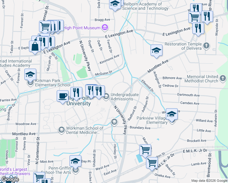 map of restaurants, bars, coffee shops, grocery stores, and more near 813 Circle Drive in High Point