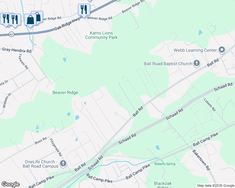 map of restaurants, bars, coffee shops, grocery stores, and more near 6925 Ball Road in Knoxville