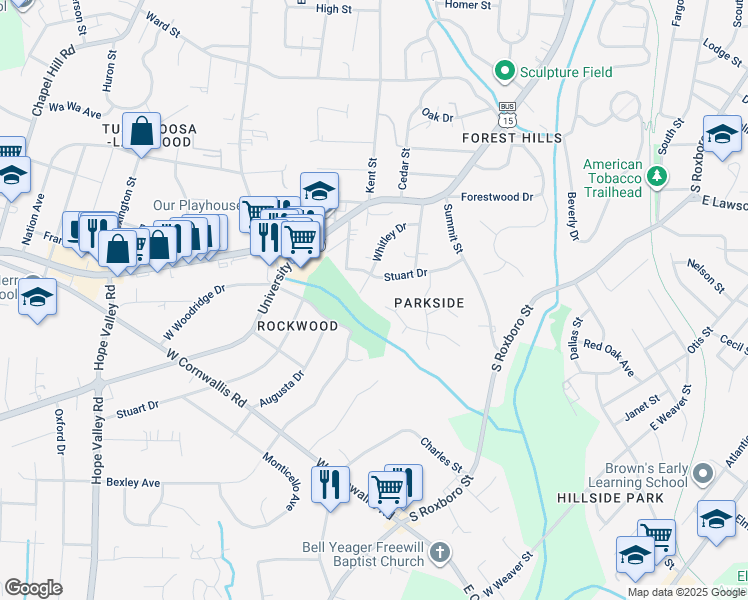 map of restaurants, bars, coffee shops, grocery stores, and more near 2226 Meade Lane in Durham