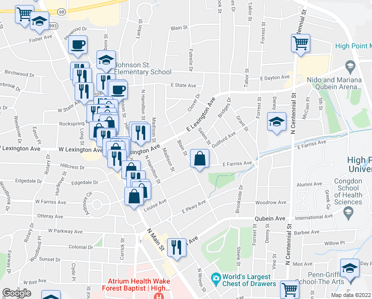 map of restaurants, bars, coffee shops, grocery stores, and more near 1108 Blain Street in High Point