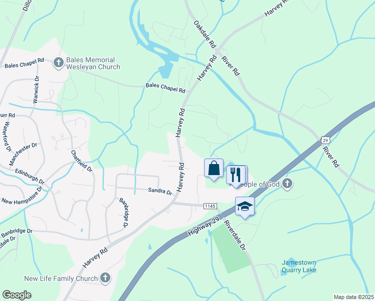 map of restaurants, bars, coffee shops, grocery stores, and more near 5035 Harvey Road in Jamestown