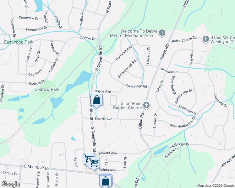 map of restaurants, bars, coffee shops, grocery stores, and more near 417 Amberly Drive in Jamestown