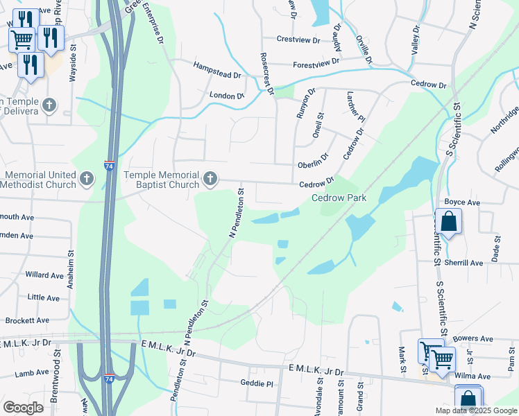 map of restaurants, bars, coffee shops, grocery stores, and more near 1662 Carthage Lane in High Point