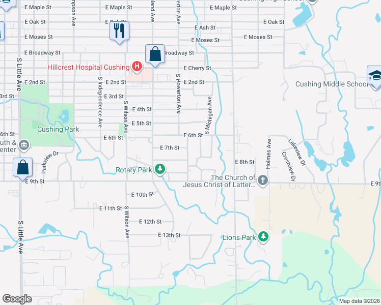 map of restaurants, bars, coffee shops, grocery stores, and more near 804 South Howerton Avenue in Cushing