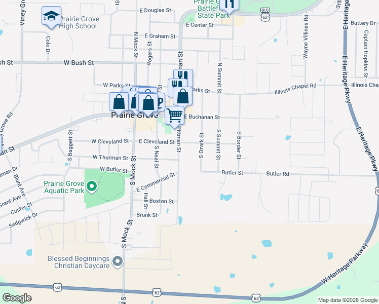 map of restaurants, bars, coffee shops, grocery stores, and more near 409 East Cleveland Street in Prairie Grove