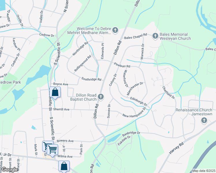 map of restaurants, bars, coffee shops, grocery stores, and more near 3119 Colony Drive in Jamestown