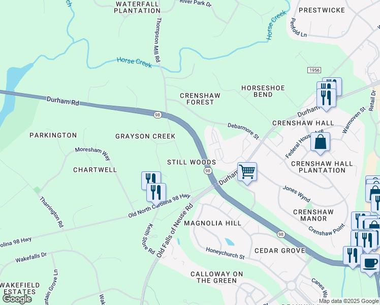 map of restaurants, bars, coffee shops, grocery stores, and more near 7036 Thompson Mill Rd in Wake Forest