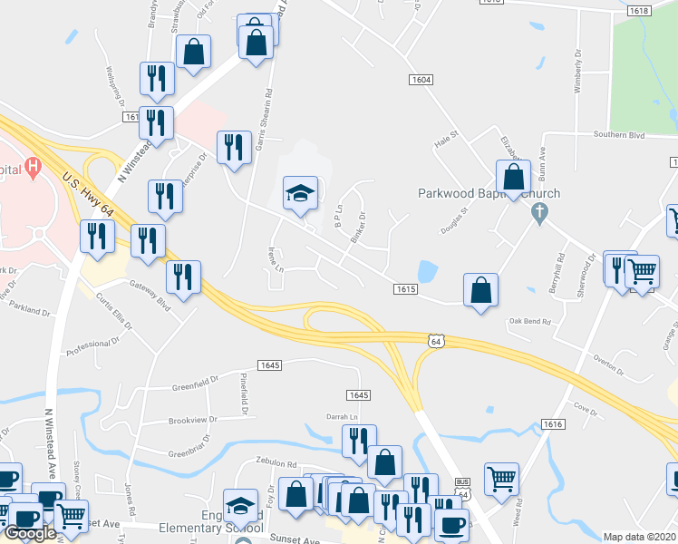 map of restaurants, bars, coffee shops, grocery stores, and more near 2429 Sexton Road in Rocky Mount