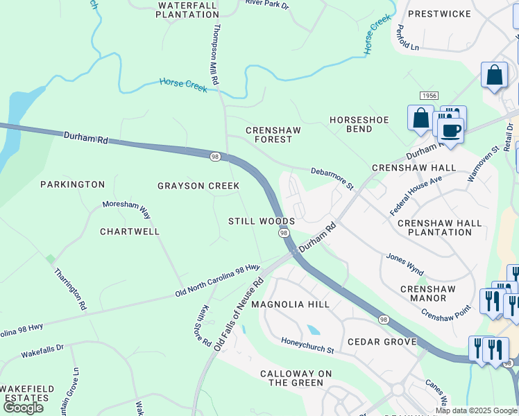 map of restaurants, bars, coffee shops, grocery stores, and more near 7036 Thompson Mill Rd in Wake Forest