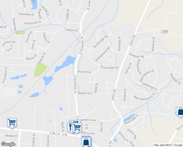 map of restaurants, bars, coffee shops, grocery stores, and more near 403 Amberly Drive in Jamestown