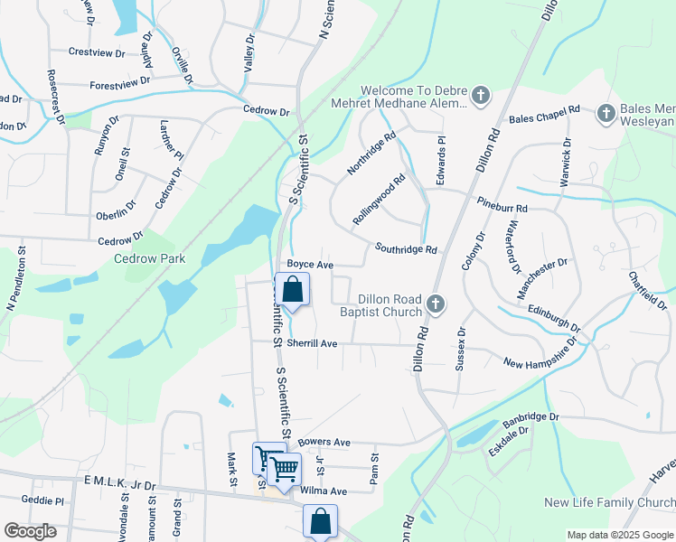 map of restaurants, bars, coffee shops, grocery stores, and more near 403 Amberly Drive in Jamestown