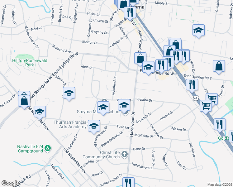 map of restaurants, bars, coffee shops, grocery stores, and more near 115 Woodland Drive in Smyrna