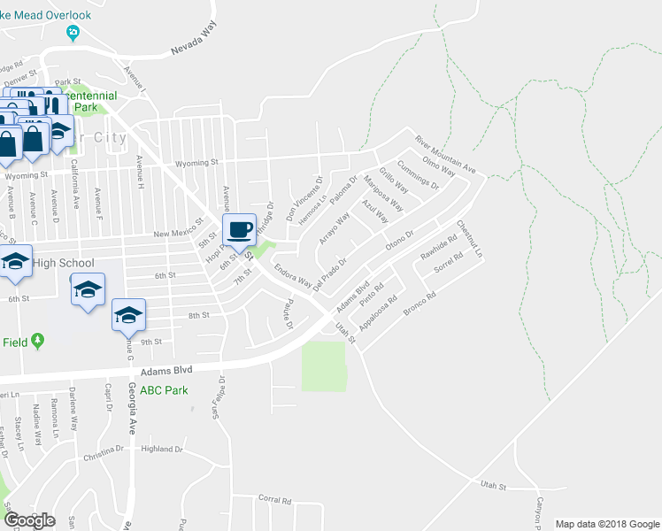 map of restaurants, bars, coffee shops, grocery stores, and more near 656 Del Prado Drive in Boulder City