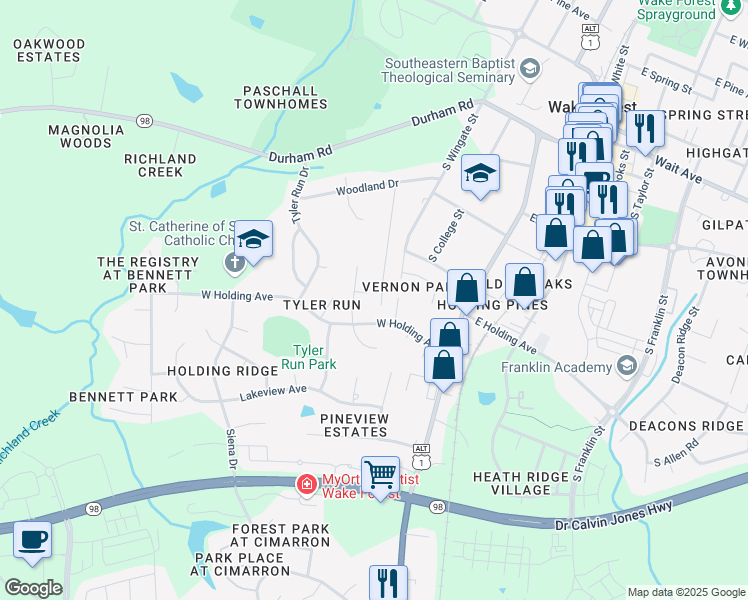 map of restaurants, bars, coffee shops, grocery stores, and more near 407 Dacus Place in Wake Forest