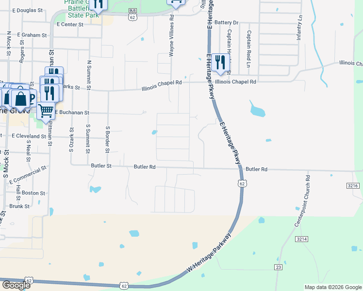 map of restaurants, bars, coffee shops, grocery stores, and more near in Prairie Grove