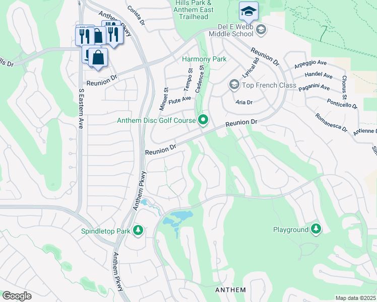 map of restaurants, bars, coffee shops, grocery stores, and more near 73 Fountainhead Circle in Henderson