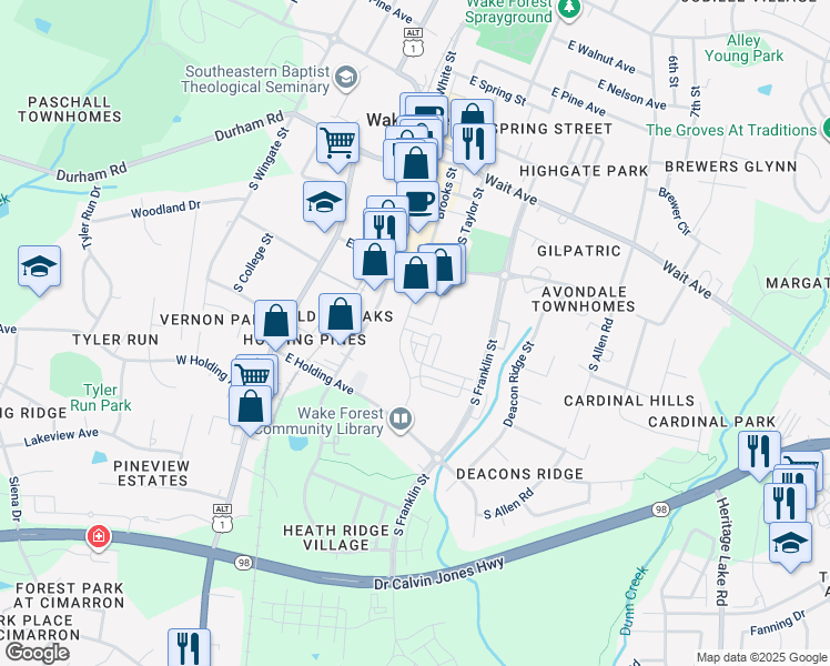 map of restaurants, bars, coffee shops, grocery stores, and more near in Wake Forest