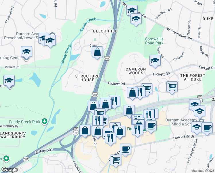 map of restaurants, bars, coffee shops, grocery stores, and more near 3004 Tower Blvd in Durham