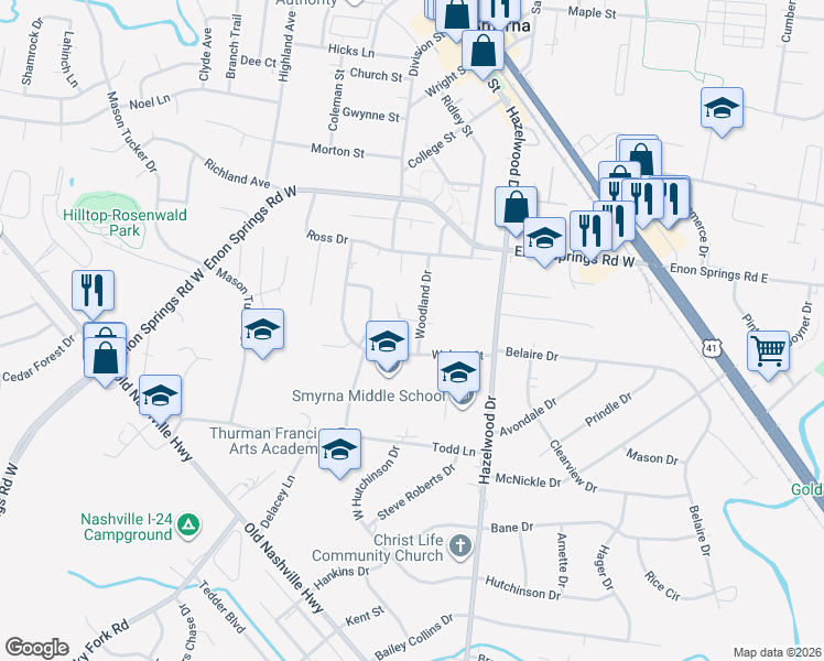 map of restaurants, bars, coffee shops, grocery stores, and more near 115 Woodland Drive in Smyrna