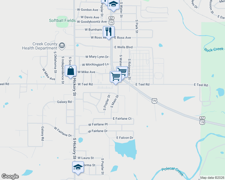 map of restaurants, bars, coffee shops, grocery stores, and more near 107 West Monterey Avenue in Sapulpa