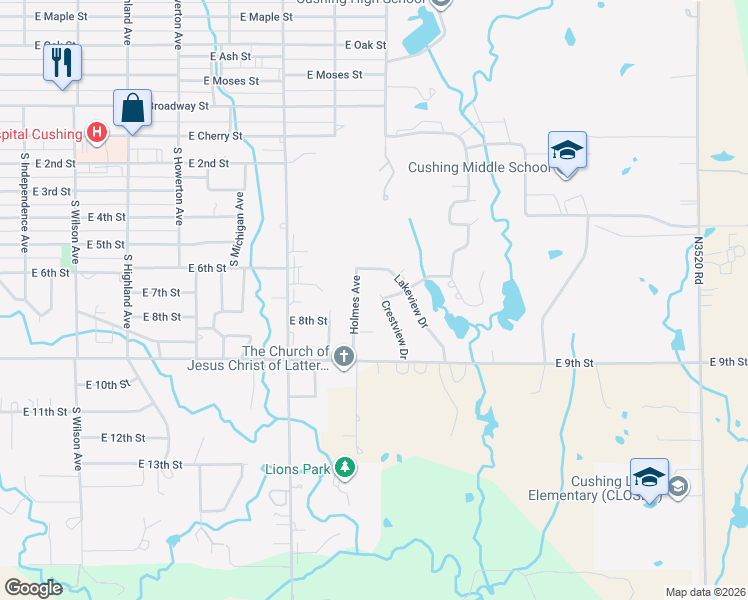 map of restaurants, bars, coffee shops, grocery stores, and more near 803 Crestview Drive in Cushing
